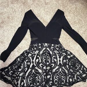 Black Long-Sleeve Fit & Flare Dress with Patterned Skirt